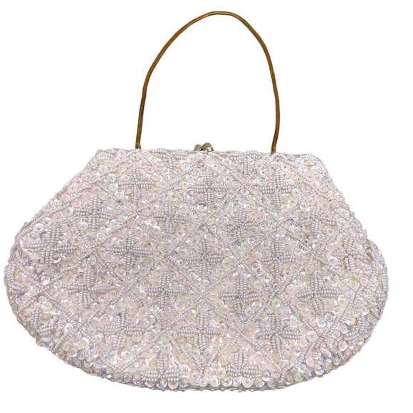 Vintage Jem Hand-Beaded Evening Bag  White Satin & Sequins  Handmade - Picture 1 of 6